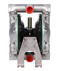 Air-operated double-diaphragm pump front view; aluminum alloy body and red ports.
