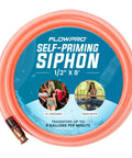 One Half Inch X Eight Foot Self Priming Jiggler Siphon Hose Transfers Gas Water Oil Fast Up To Four Gallons Per Minute with connectors.