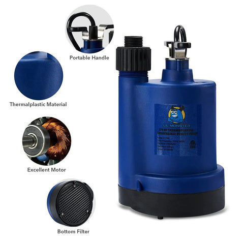 1/4 HP Submersible Water Pump Portable Thermoplastic Utility Pump for Easy Water Removal Perfect for Basements Navy Blue