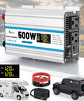 Heavy Duty Car Power Inverter 500W Converts 12V DC To 120V AC With Dual Wall Sockets And Quick Charge USB Ports For Your Daily Whip Weekend Cruises, showing USB ports and connection cables.