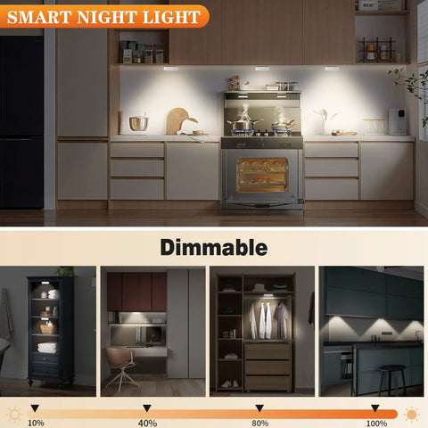 Kitchen with Six Pack Warm White Motion Sensor LED Puck Lights providing dimmable under cabinet lighting for smart night light use.
