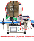 Quick Turnaround Automatic Round Bottle Labeler Processes Twenty To Two Hundred Units Per Minute showing detailed sensors and conveyor system.