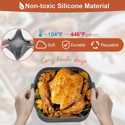 Reusable 8.1 Inch Silicone Air Fryer Pot Liners Set 2 Pack Square Oven Insert Easy Clean Food Safe Nonstick Bake Tray with Chicken