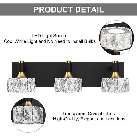 Three Light Crystal Bathroom Vanity Light Fixtures Over Mirror Black Modern Dimmable LED Wall Lights With Premium K9 Crystal Orbs