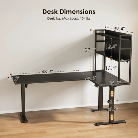 63 Inch L Shaped Electric Standing Desk With Reversible Corner Layout And Hutch Height Adjustable Sit Stand Ergonomic Workstation For Home Office Spacious Large Lift Table Black with dimensions displayed