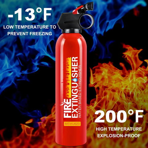 Twelve Pack 21 Oz Water Based Mini Fire Extinguishers Class A B C K Top Shelf Auto Safety Kit showing temperature specs for safety.