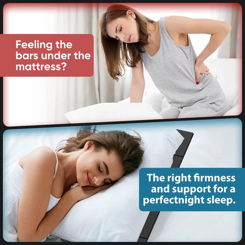 Heavy Duty Twin Size Bunkie Board Builds Legit Solid Support For Your Mattress So You Can Kick Back Without Any Sagging Nonsense On Sofa Beds Or Metal Frames With Half Ton Capacity. Image showing an unhappy woman feeling discomfort on a mattress above, and a content woman sleeping soundly below.