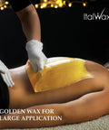 Full Body Wax 2.2lb Pre Melted Wax Granules For Easy Hair Removal All Over The Body applied on back, smooth golden wax.