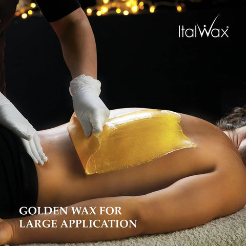 Full Body Wax 2.2lb Pre Melted Wax Granules For Easy Hair Removal All Over The Body applied on back, smooth golden wax.