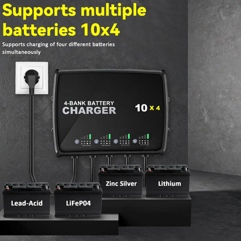 Four Bank 12V Marine Battery Charger Delivering 40A Total With 10A Per Bank, Compatible With AGM LiFePO4 And Deep Cycle Batteries, IP68 Waterproof