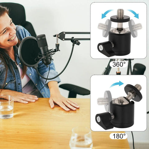 Flexible Ball And Socket Head Microphone Adapter Kit With Four Adapters displayed with 360 and 180 degree rotation angles