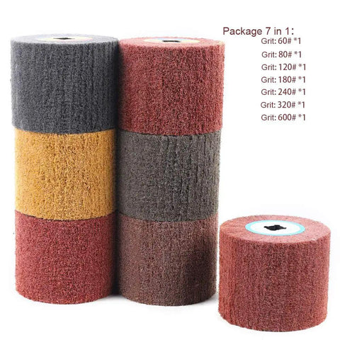 7 Pcs Abrasive Drawing Wheel Burnishing Wheel Finishing Drum For Metal Surface Conditioning Tool Drum 4.7 Inch By 4 Inch With Grits 60 80 120 180 240 320 600 Non Woven Fiber Pro Grade Polishing Set showing stacked drums