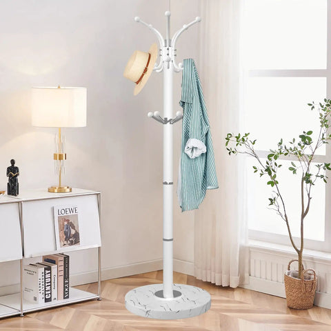 Sleek Freestanding Coat Rack With 360 Degree Swivel Hooks And Marble Base, 14 Hooks For Bags, Hats, And Coats in modern room.