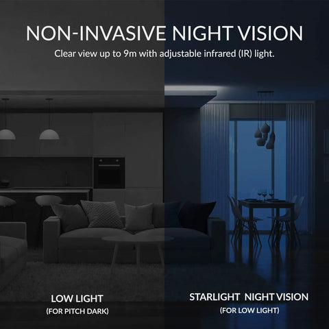 Demonstration of night vision capabilities in a room for Two Pack 1080P Pet Security Camera Set With 360 Degree Indoor Dome IP Cams