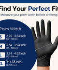 Black Nitrile Disposable Gloves, Powder Free And Latex Free, Chemical Resistant Medical Exam Gloves, size chart and hand model