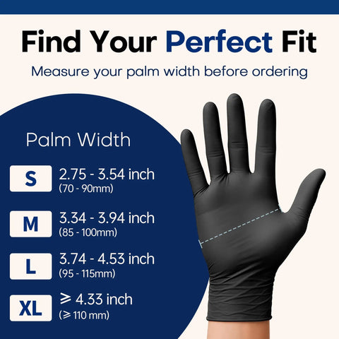 Black Nitrile Disposable Gloves, Powder Free And Latex Free, Chemical Resistant Medical Exam Gloves, size chart and hand model