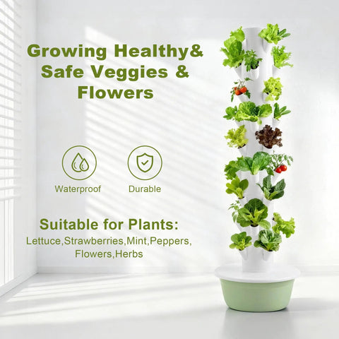 Compact Vertical Hydroponics Garden Tower With 36 Plant Pods And Smart Timer For Indoor And Outdoor Use Auto Watering displayed in sunlight