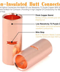Close-up of non-insulated butt connectors with copper barrel and low resistivity T2 copper for All In One Battery Terminal Kit With 260 Pcs AWG 8 To AWG 1 0 Bare Copper Ring Terminals Non Insulated Butt Connectors 65 Pcs Uninsulated Crimp Ferrule Lugs 65 Pcs Copper Lugs And 130 Pcs 3 To 1 Heat Shrink Tubes In A Two Sided Box