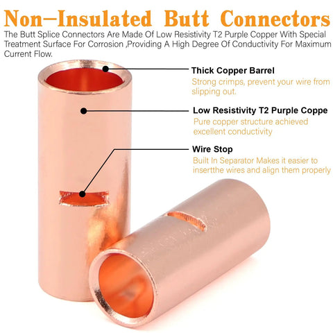 Close-up of non-insulated butt connectors with copper barrel and low resistivity T2 copper for All In One Battery Terminal Kit With 260 Pcs AWG 8 To AWG 1 0 Bare Copper Ring Terminals Non Insulated Butt Connectors 65 Pcs Uninsulated Crimp Ferrule Lugs 65 Pcs Copper Lugs And 130 Pcs 3 To 1 Heat Shrink Tubes In A Two Sided Box