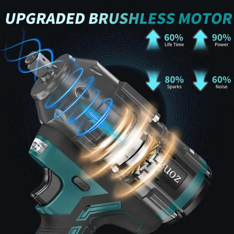 Professional Cordless Impact Wrench 1/2 Inch Brushless Motor 950 Ft Lbs Beast Mode Torque showcasing upgraded brushless motor technology.