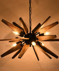 Wood Sputnik Chandelier With 6 Lights Dope Rustic Farmhouse Pendant For Kitchen Island Dining Room Living Room Bedroom Foyer Modern Industrial Black Ball Base With Natural Wood Panels
