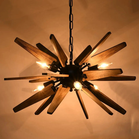 Wood Sputnik Chandelier With 6 Lights Dope Rustic Farmhouse Pendant For Kitchen Island Dining Room Living Room Bedroom Foyer Modern Industrial Black Ball Base With Natural Wood Panels
