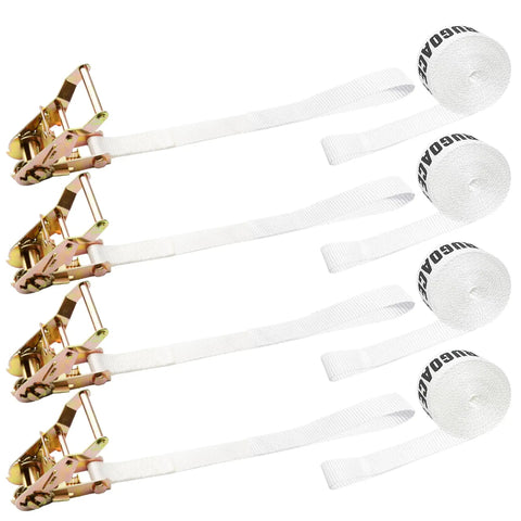Four Pack 1 X 12 Feet White Ratchet Tent Straps Loop End Heavy Duty No Slip Webbing Tie Downs for securing large tents.