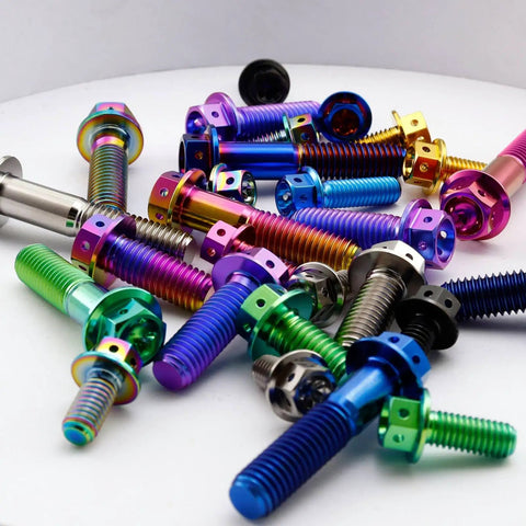 Premium Grade Titanium Flanged Hex Head Bolts M10 X125 Pitch X73mm colorful assortment of screws for motorcycle and car mods.