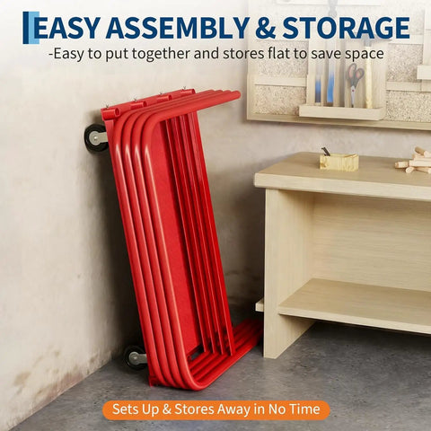 Heavy Duty Steel Panel Flatbed Cart With 2000 Lb Capacity Built To Haul Like A Boss Rugged Platform Truck For Warehouses And Job Sites Reinforced Steel Frame And Powder Coated Finish For Lasting Toughness. Folded red steel cart stored upright.
