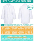 Six Piece Kids Doctor Coat Costume Set Unisex Lab Coats, front and back views with size chart for Carnival Halloween Science Cosplay