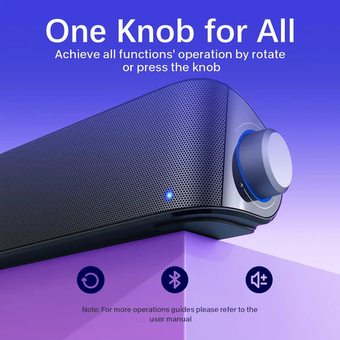 Dope High Fidelity Computer Sound Bar With Bluetooth And 3.5mm Aux Input USB C Powered control knob close-up