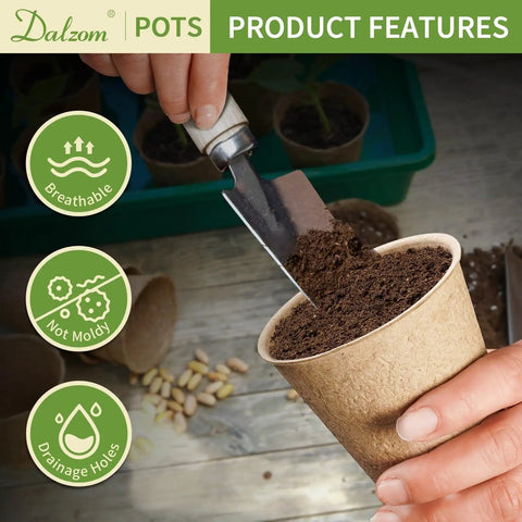60 Pack 3.1 Inch Biodegradable Peat Pots With 60 Plant Labels filled with soil and drainage holes, ideal for seedlings.