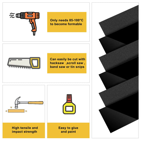 Information on two pack black ABS plastic sheets 8 by 12 inches 0.125 inch thick smooth on one side textured on the other for DIY projects