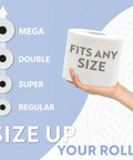 Hand holding toilet paper roll with 'Fits Any Size' text, showing sizes from regular to mega. Gold Free Standing Toilet Paper Holder With Storage Modern Minimal Design For Mega Rolls Bathroom Tissue Organizer Must Have Keeps Rolls Handy Space Saving Stand For Small Bathrooms is ideal.