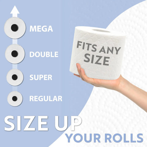 Hand holding toilet paper roll with 'Fits Any Size' text, showing sizes from regular to mega. Gold Free Standing Toilet Paper Holder With Storage Modern Minimal Design For Mega Rolls Bathroom Tissue Organizer Must Have Keeps Rolls Handy Space Saving Stand For Small Bathrooms is ideal.
