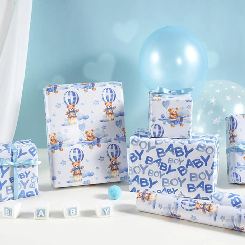 Blue Teddy Bear Hot Air Balloon Baby Wrapping Paper Roll For Baby Boy Birthday And Baby Shower Mini Roll 17 Inches By 32 Point 8 Feet 46 Sq Ft Totally Cute Gift Wrap on wrapped gifts and balloons