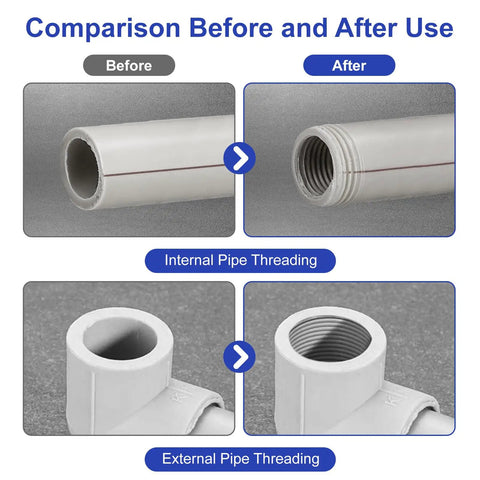 Comparison of PVC pipes before and after threading with Dual Function PVC Pipe Threader Kit With Internal And External Threading For One Half Inch, Three Quarter Inch, And One Inch PVC Pipes, Drill Compatible With Most Electric Drills, Durable Silver Finish.