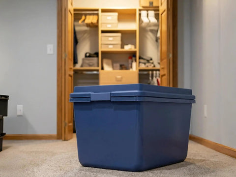 Built Tough 18 Gallon Storage Bins 2 Pack Stackable Heavy Plastic Containers in a closet, blue with secure snap lids.