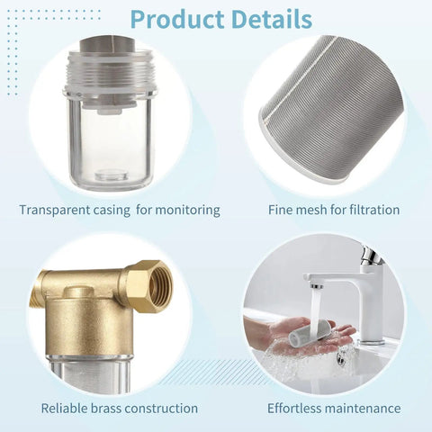 Garden Hose Sediment Filter And Inline Water Screen For Washer Dryer Heater Setup With Transparent Housing, showing brass construction and fine mesh.