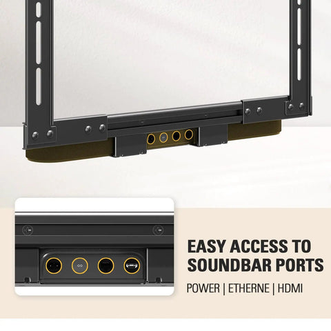 Low Profile Soundbar Mount For Sonos Beam With No Fuss Easy Access Design, Sliding Block Extension Arm, Fits TVs Up To 600x400mm, Aluminum Bracket Holds Up To 13 Lbs, Keeps Soundbar Under Your TV For Rich Immersive Audio, close-up of port access