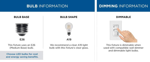 Guide showing bulb information for E26 base, A19 shape, dimmable feature for Black Swing Arm Wall Light With Adjustable Arm.