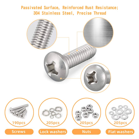 815-Piece Machine Screws Assortment Kit With Case Includes Stainless Steel Nuts Bolts Lock Washers And Flat Washers, Phillips Pan