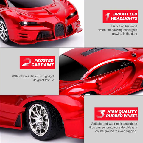 Rechargeable High Speed One Eighteen Scale Remote Control Car For Indoor And Outdoor Play With Headlights Realistic Steering Gift Ready For Kids Boys Girls RC Racing Hobby Car Red featuring LED headlights and detailed paint.