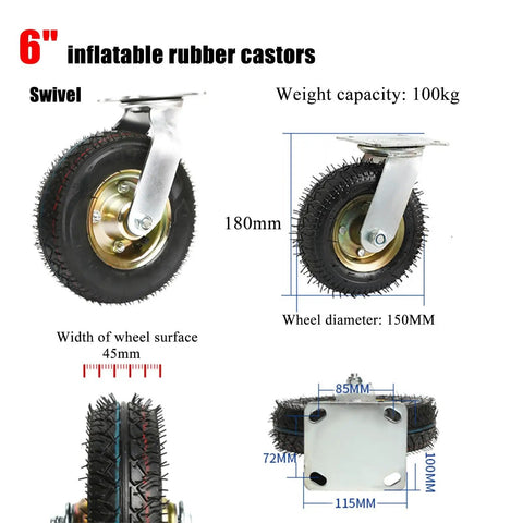 Heavy Duty Caster Wheels With Top Plate Swivel Castors For Furniture And Workbench Rolling Plate Casters For Carts And Garage Workshop Quiet Rubber Wheels That Glide On All Floors Without Scuffing, 6-inch inflatable rubber castors with 100kg capacity