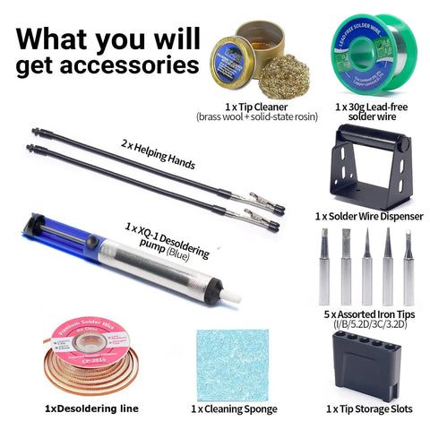 Pro Grade 130W Digital Soldering Station Kit accessories including tips, helping hands, solder wire, desoldering pump, and cleaner
