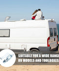 White RV with people on roof by the sea, highlighting Heavy Duty Trailer Gate Latch Kit With Adjustable Toggle Latch for RVs and caravans.