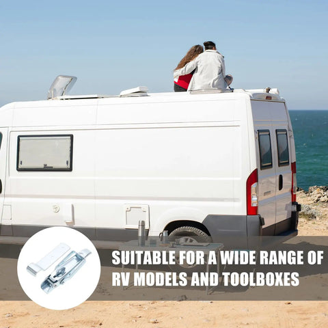 White RV with people on roof by the sea, highlighting Heavy Duty Trailer Gate Latch Kit With Adjustable Toggle Latch for RVs and caravans.