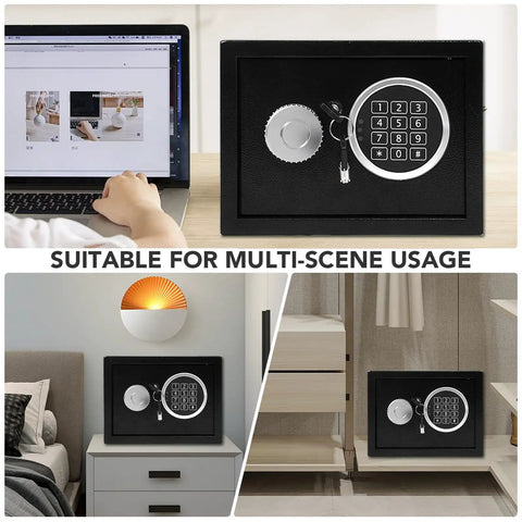 Rock Solid Security Safe Box with Digital Keypad and Backup Keys in various home and office settings.