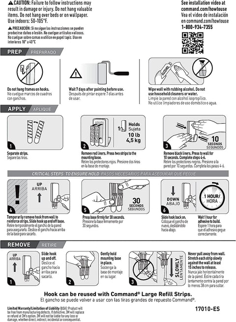 Installation instructions for Ten Pound Extra Large Heavyweight Wall Hooks With Adhesive Strips, showing usage and precautions.