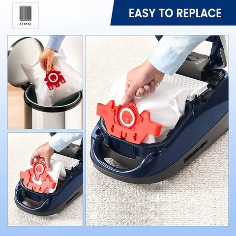 16 Pack FJM Replacement Vacuum Bags Type FJM fits 3D Efficiency canister vacuums, shown being inserted into a vacuum.